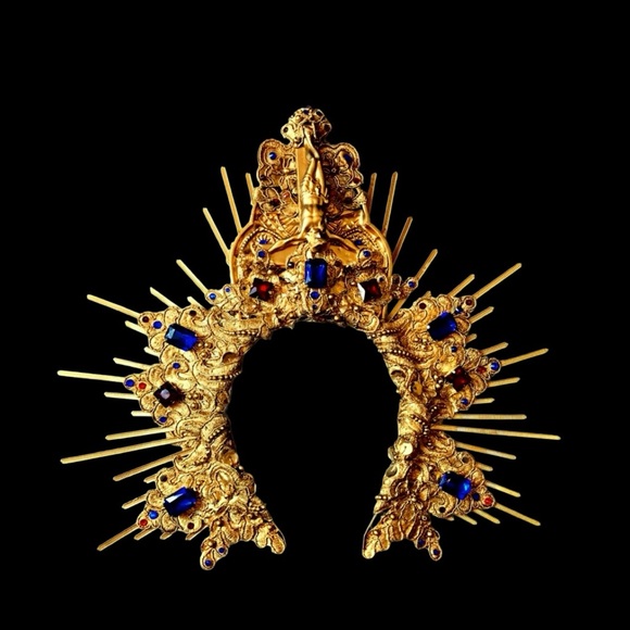 Avant Garde Gothic Cross Witchy Multi-way Gold Red Blue Head Piece Hand Crafted - Picture 2 of 11